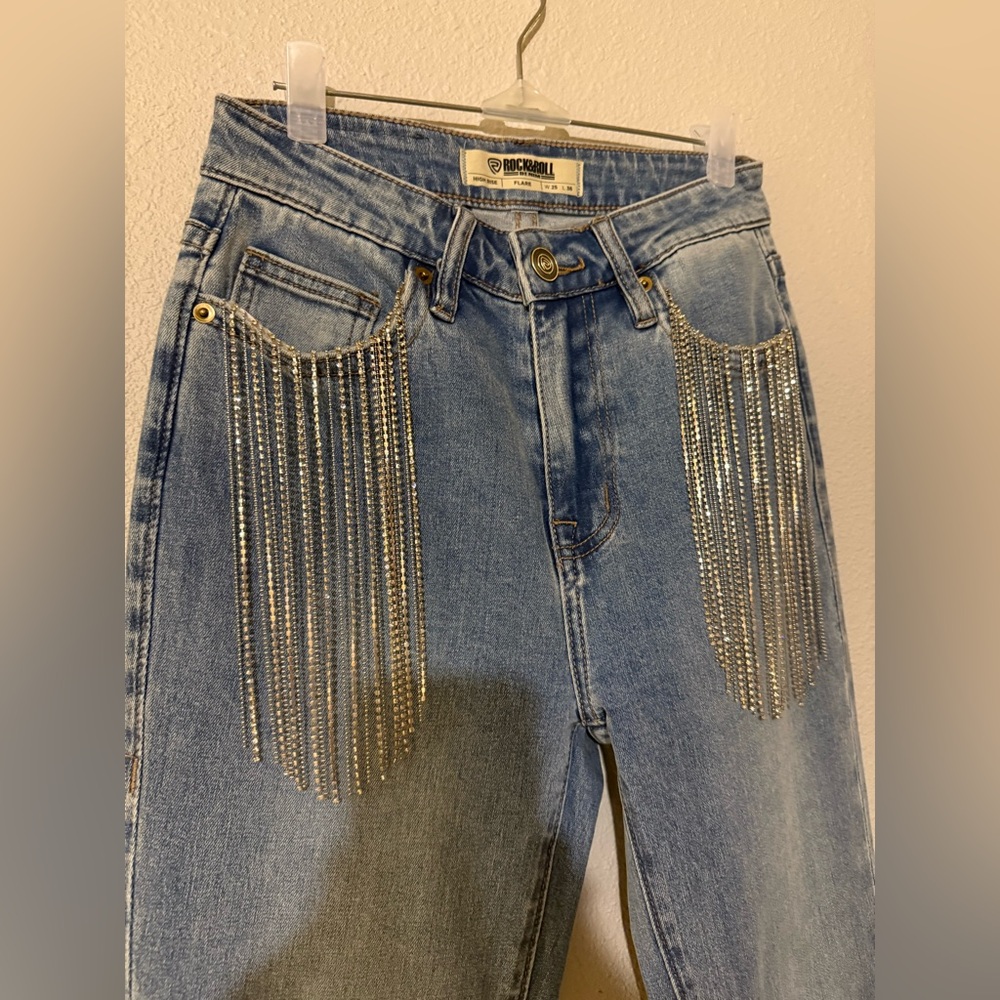 ROCK & ROLL DENIM POCKET FRINGE HIGH RISE FLARE 25 - Picture 5 of 7